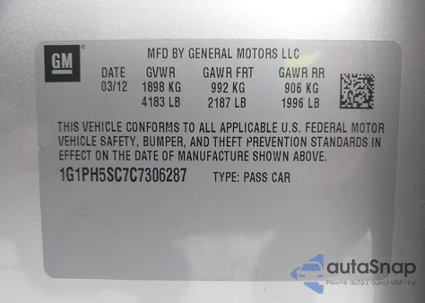 2012 Chevrolet Cruze Ltz from USA, damaged, VIN 1G1PH5SC7C7306287